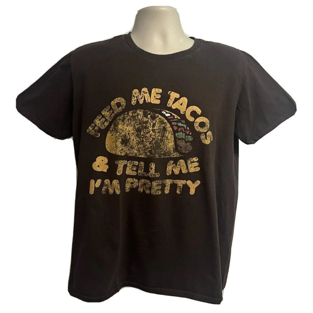 Womens Brown Graphic T-Shirt Large Cotton Stretch Novelty Funny Feed Me Tacos